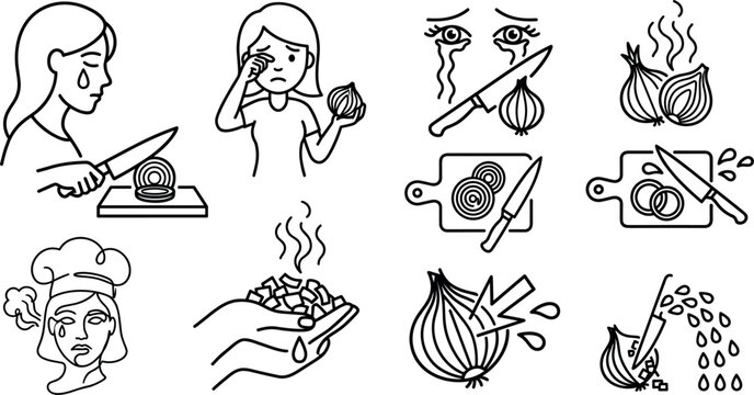 Crying Woman and Chef Cutting Onion Line Art Icon Set with Crying Eyes Knife Chopping Board and Spicy Vapor Symbols for Culinary Cooking App Graphics