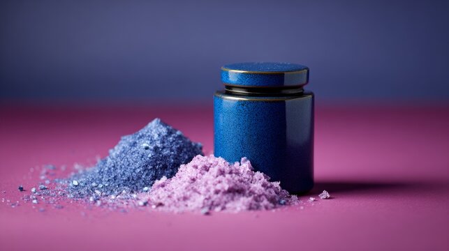 Blue Cosmetic Jar with Colorful Powder Pigments