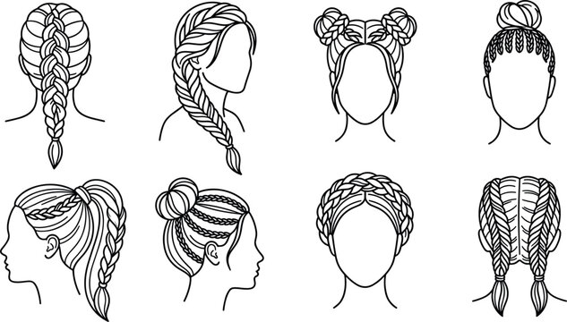 Women Braided Hairstyle Line Art Icon Set with French Braid Fishtail Ponytail Top Knot Space Bun and Cornrow Symbols for Hair Salon Branding Graphics