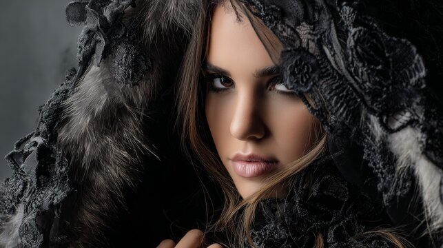 Mystery Fashion Portrait of Woman in Dark Lace Hood