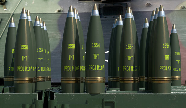 155 mm artillery shells on crates.3D rendering.