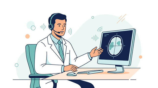 Radiologist dictating radiology report while viewing brain scan on computer screen with headset