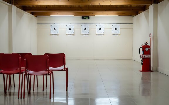 An empty room features red chairs lined up against a wall with fire safety equipment and mounted speakers on the ceiling