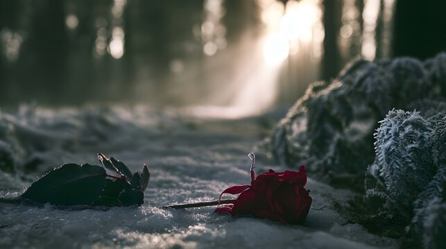 Solitary crimson rose on snowy path evokes quiet beauty and melancholic forest solitude