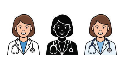 Fototapeta premium Set of female doctor icons with stethoscope in color and silhouette style Vector