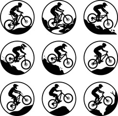 Fototapeta premium Mountain bike rider silhouette collection in round frames, showing various riding actions and terrains, perfect for sports logos and outdoor graphics.