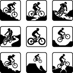 Naklejka premium Collection of mountain bike rider silhouettes vector, featuring various extreme cycling actions and downhill adventure.