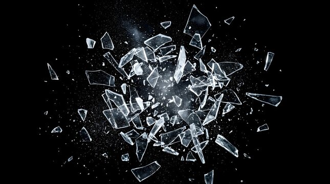 Explosion of sharp shattered glass fragments flying against black background
