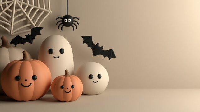 Playful Halloween composition with cute pumpkins and friendly ghosts surrounded by bats and spiders, colorful 3D cartoon style, festive autumn holiday design