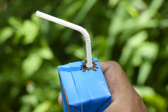 Blue juice box with white bendy straw held in hand against green foliage, refreshing beverage moment captured with natural light and casual grip