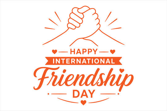 Happy international friendship day emblem with hands shaking in orange, business