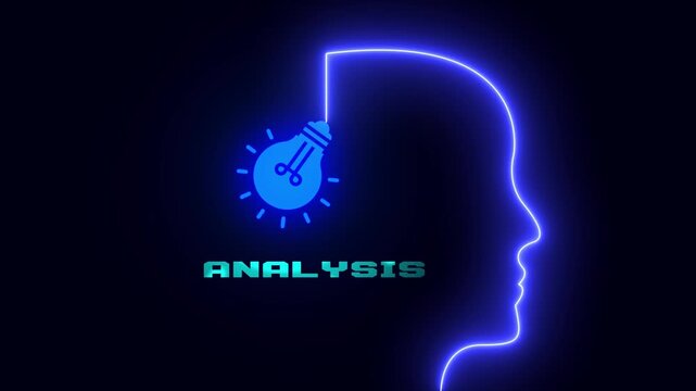 Data analysis and research concept featuring neon human head and glowing light bulb for business intelligence