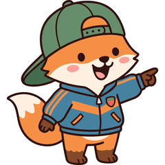 Fototapeta premium Cute cartoon fox character wearing a backward baseball cap and a stylish tracksuit pointing forward