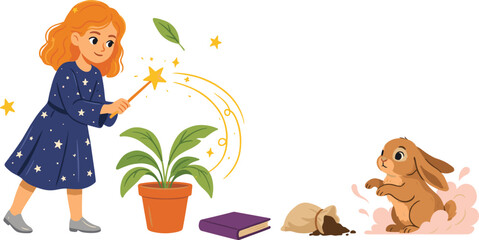 Little Sorcerer Girl Performing Magic with Wand on Potted Plant near Cute Rabbit Book and Soil Sack Vector Illustration Design