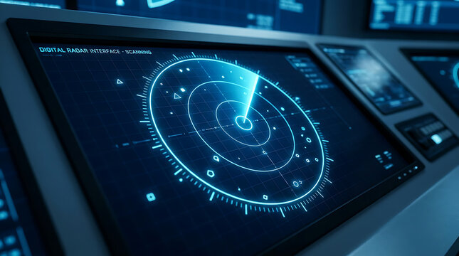 Digital radar interface displaying a scanning sonar screen, representing military surveillance, air traffic control and maritime navigation technology.