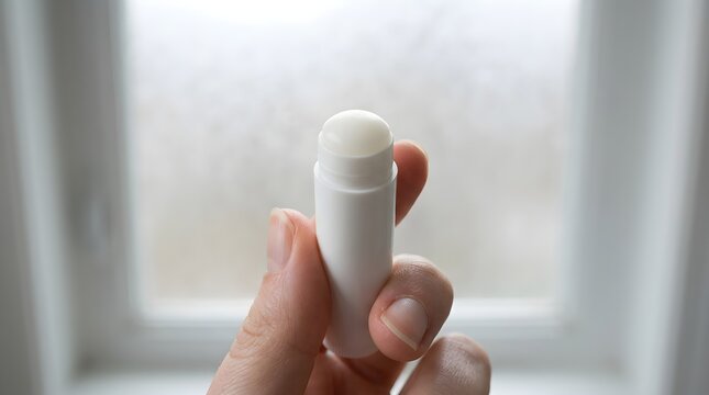 Close up of hand holding a white stick deodorant against foggy window background