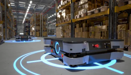 A robotic automated guided vehicle transports goods in a modern warehouse.3D rendering. © Mike Mareen