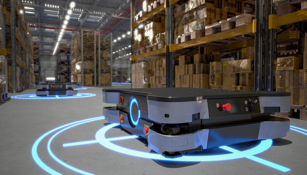 A robotic automated guided vehicle transports goods in a modern warehouse.3D rendering.