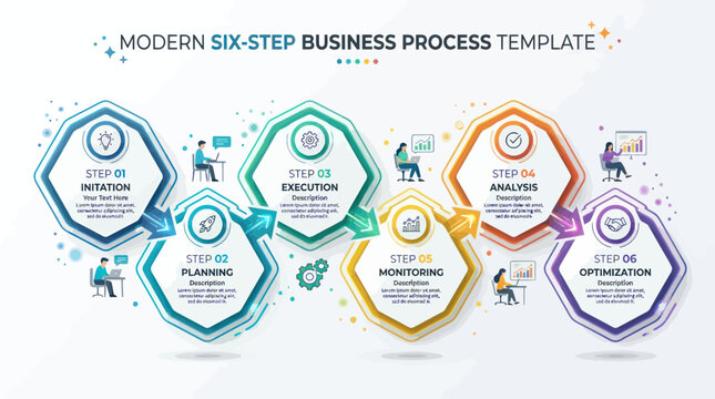 Business process template outlines six steps for workflow optimization using illustrated characters to represent different stages from initiation to final project optimization in a professional.