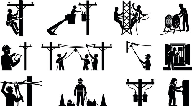 Electrician Lineman Silhouette Icon Set with Power Pole Workers High Voltage Cable Repair Bucket Truck and Electrical Infrastructure Grid Maintenance Symbols
