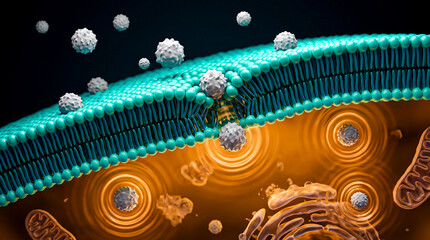 Fototapeta premium Teal cell membrane grey nanoplastics penetrating amber interior disruption dark, nanoplastic toxicology