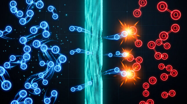 Teal PEM membrane blue hydrogen anode red oxygen cathode crossover orange reaction dark, fuel cell
