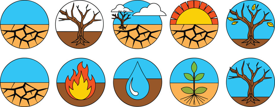 Climate change global warming icons showing drought dry cracked soil desertification wildfire dead trees and water scarcity