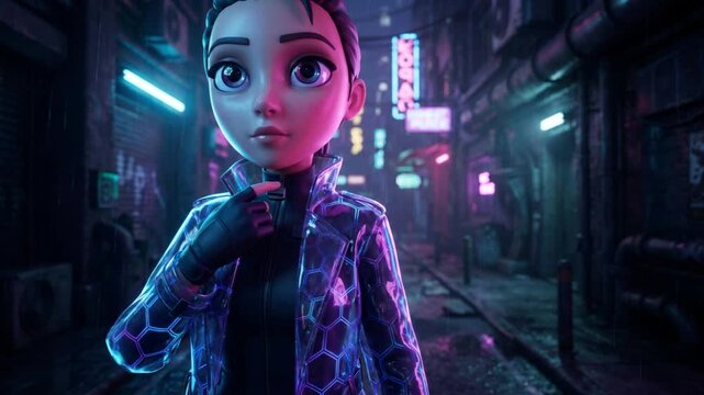暗い路地裏でコートのスイッチに触れ、六角形グリッドと共に透明化するエージェントの3D映像