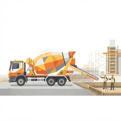 Naklejka premium Workers are on a construction site near a mixer truck pouring concrete as a crane operates in the background. It is a busy workday.