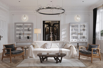Fototapeta premium Luxurious apartment with a white background contemporary design, and white furnishings.
