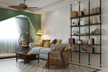 Minimalist living room interior design with sofa, pillows, and book shelf stand with books and accessories. © Dulal