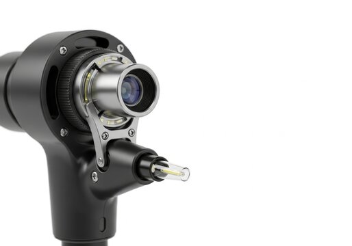 Close-up of a modern medical endoscope camera on a white background.