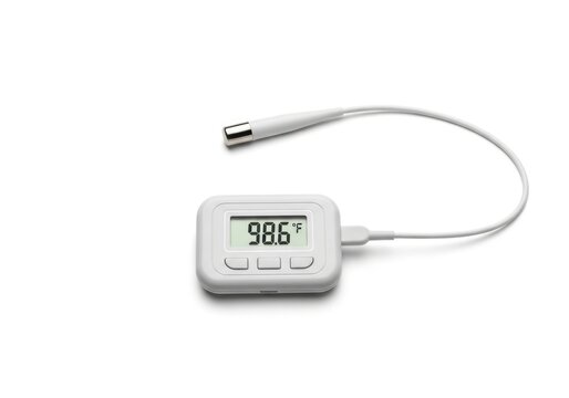 Digital Thermometer Displaying 98.6 Degrees Fahrenheit on White Background.