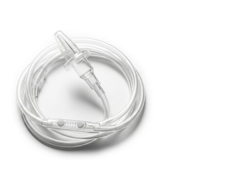 Medical Oxygen Nasal Cannula Tubing Coiled on White Background.