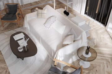 This luxurious apartment with designer white furniture and parquet flooring. © Dulal