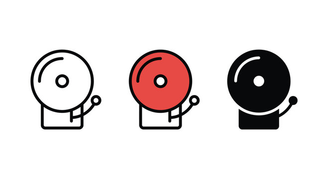 Set of three fire alarm bell icons in outline flat and solid design styles Vector