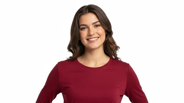 A smiling young woman wearing a maroon long sleeved shirt against white