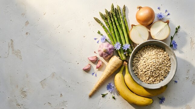 Prebiotic food sources for gut health, fresh vegetables and grains on white stone background, healthy fiber rich ingredients for digestion
