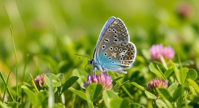 Adonis Blue Butterfly Resting on Clover Flower in Green Field