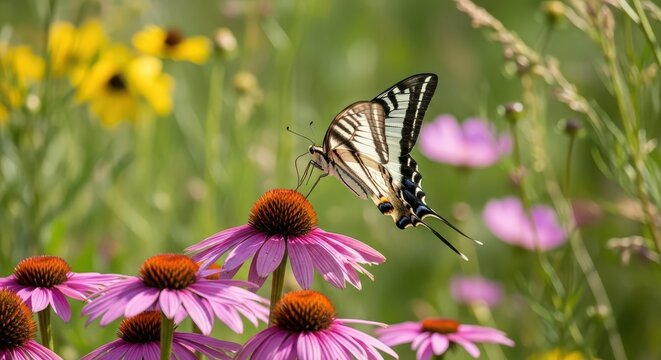 Zebra Swallowtail Butterfly Feeding on Pink Coneflower in Garden
