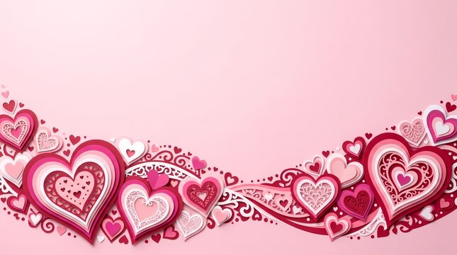 Romantic pink paper cut hearts wave border design on soft pastel background for Valentine's Day