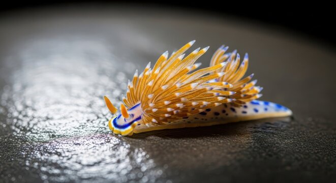 Vibrant Yellow and Blue Nudibranch Sea Slug on Dark Surface