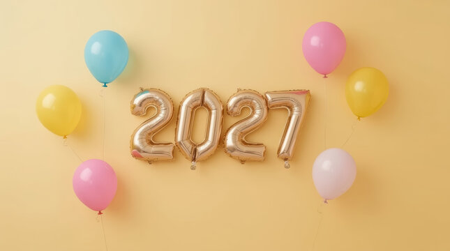 Gold foil 2027 balloons with colorful latex balloons pastel yellow background celebrating new