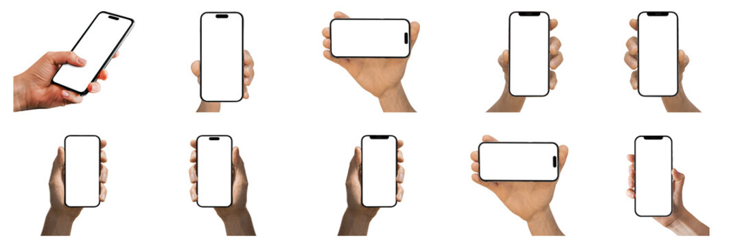 Set collection of phones in hand on transparent background