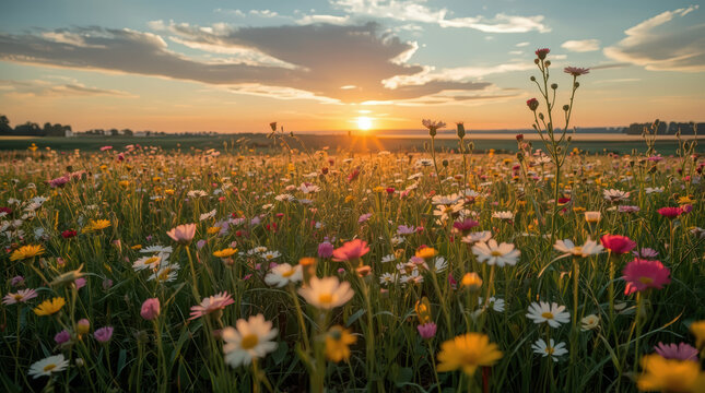 Colorful wildflower meadow glowing at sunrise with warm light and peaceful mood