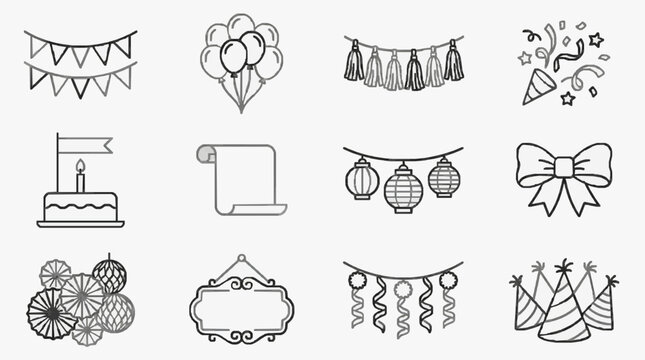 Professional Minimalist Black and White Party Decoration Icons Set for Event Planning and Design