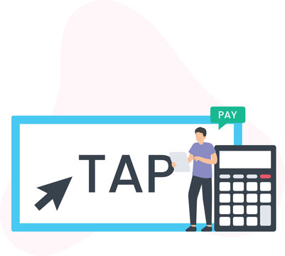 Tap to pay concept for online payment and digital transaction. Man with calculator for contactless payment, financial technology, e-commerce, mobile banking, payment processing, and secure payment.