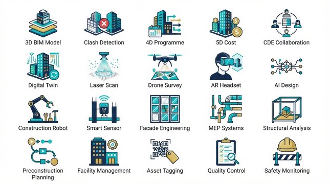 Several icons represent BIM technology in construction and architecture. Tools like digital twin and laser scan are highlighted.