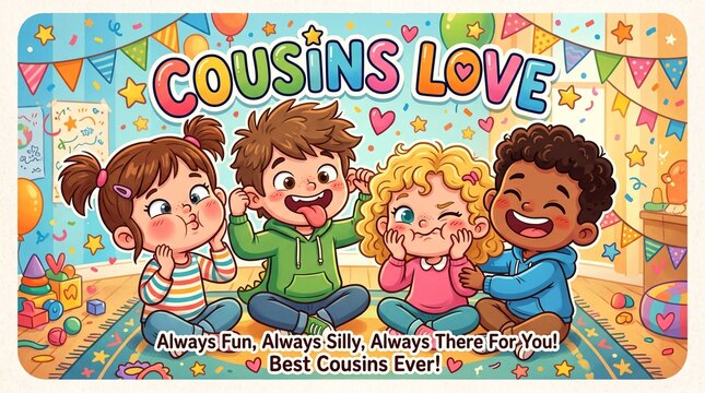 Happy cartoon cousins playing together in decorated playroom