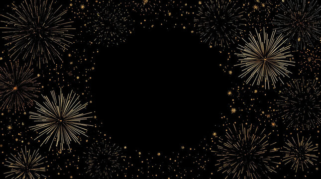 Gold fireworks border with sparkling confetti on black background joyful celebration